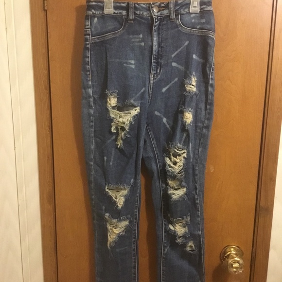 Fashion Nova Medium Wash High Waisted Destroyed Paint Splatter Skinny Jeans 7 - Picture 4 of 9
